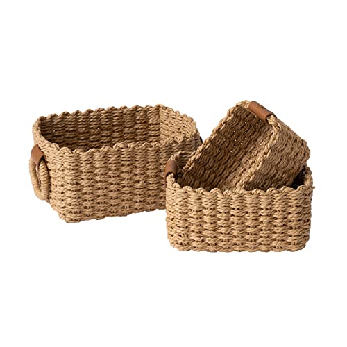 LA JOLIE MUSE Small Wicker Baskets for Organizing, Recycled Paper Rope Storage Basket Container Bins for Shelves Bathroom Cupboards Drawer, Decorative Square Basket Organizer Set of 3 - color: Desert