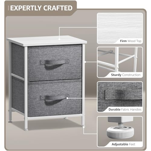 Sorbus Nightstand with 2 Drawers - Bedside Furniture End Table Night Stand with Steel Frame, Wood Top & Easy Pull Fabric Bins - Small Dresser & Chest for Home, Bedroom Accessories & Office - color: White, style: 2 Drawer