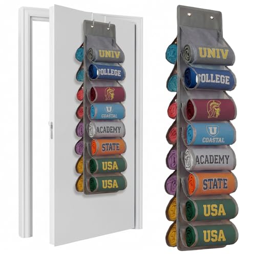Over the Door Hoodie Organizer, Double Sided Holds 16 Hoodies, Gray Hanging Storage with 2 Hooks and Rope for Door Closet Cabinet Use, Ideal for Dorm Rooms Bedroom, Small Spaces - color: Grey