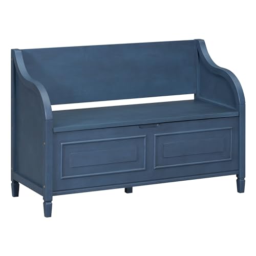 Knocbel Rustic Entry Storage Bench with Hidden Compartments and Removable Cushion, Wooden Entryway Hallway Foyer Shoe Bench Bedroom End of Bed Bench, 250lbs Weight Capacity (Antique Navy) - color: Antique Navy