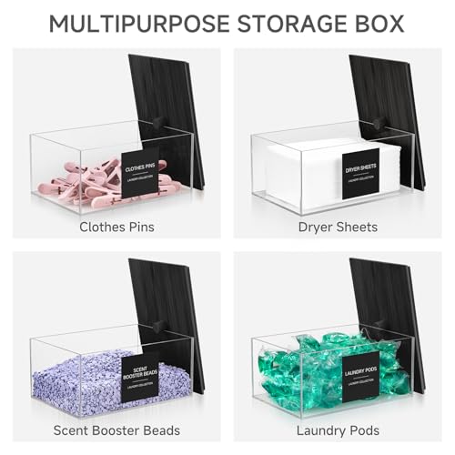 TIPGO Acrylic Dryer Sheet Holder with Lid, Clear Laundry Sheets Container with 27 Labels, Laundry Pods Storage for Laundry Room Organization - Black - color: Black