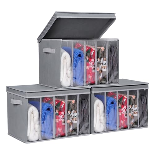 Zilink Upgraded Sweater Storage for Closet with Lids and Support Boards Large Sweater Organizer for Closet with 5 Grids Divider Wardrobe Clothes Organizer for Sweaters, Jeans, Pants, Grey, 3 Pack - color: Grey - For Sweater