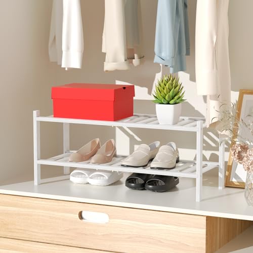 RONGJlA 2 Tier Bamboo Shoe Rack for Closet Free Standing Wood Shoe Shelf Storage Organizer for Entryway Small Space Stackable, White - color: White, size: 2-Tier-Regular