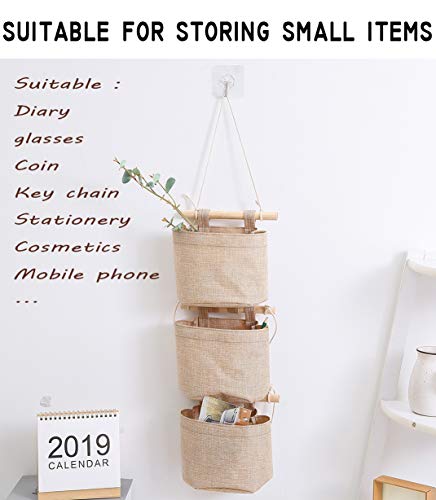 1 Pack Mini Cotton Linen Fabric Closet Detachable Foldable Washable Hanging Storage Bag with 3 Pockets Over the Wall Door Organizer for Room Bathroom by AARainbow (Khaki) - color: Khaki