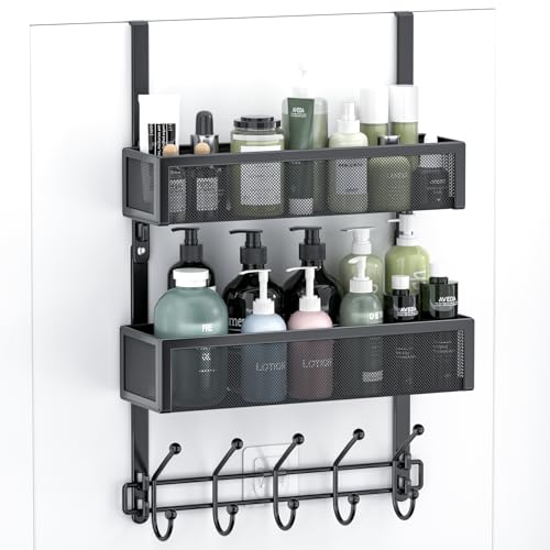 Adjustable Over The Door Hooks Organizer, Door Hanger Coat Rack with 2 Mesh Baskets and 10 Hooks, Back of Door Storage Organizer for Bedroom,Bathroom,Kitchen (Black) - color: Black-01, size: 2 Baskets