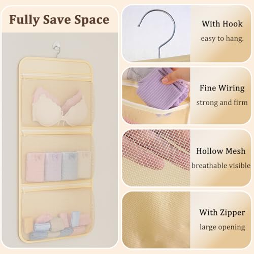 MIUPOO Multi Purpose Multi Layer Mesh Storage Hanging Bag,Hanging Storage with Zipper and Metal Hanger for Bra Underwear Socks,Mesh Pockets Hanging Storage Bag,2 Pieces. (2, 2 Layer and 3 Layer)