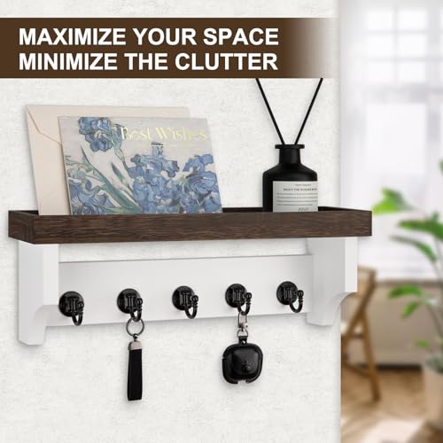 Key and Mail Holder Wall Mount, Key Holder with Shelf and Mail Organizer Wall Mount. Mail Holder with 5 Hooks for Coat, Dog Leash, Home Decor Rack, Entry Way Organizer (Brown & White) - color: Brown & White