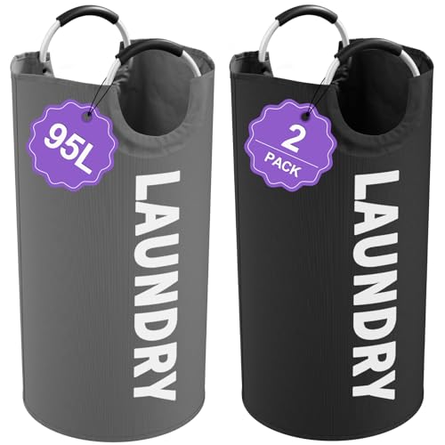 2Pcs Large Laundry Hamper for Adult, 95L Folding Clothes Basket with Handles, Dirty Clothes Hampers for Bedroom, Stand-alone Laundry Bin for Family, Hotel, Dorm, Grey/Black - color: Grey + Black, size: L-95L