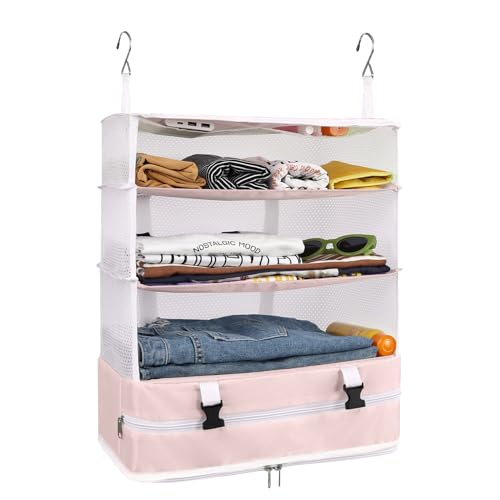 Surblue Hanging Closet Storage Bag Collapsible 3-Shelf Washable Oxford Fabric with 2 Hooks (XL 17.71*11.81*20in, Pink) - color: Pink, size: XL 17.71*11.81*20in