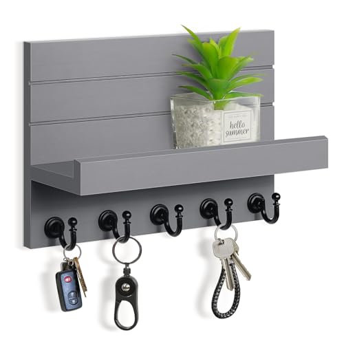 HONJIN Key and Mail Holder for Wall: Rustic Key Hanger Key Rack Organizer with 5 Sturdy Key Hooks for Entryway Bedroom Kitchen House Decor (Grey) - color: Gray
