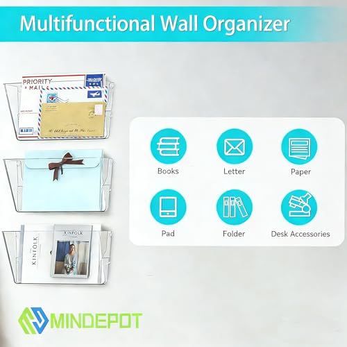 MINDEPOT 3 Pockets Acrylic Wall File Organizer, Clear Wall File Holder, Plastic Hanging Wall File Holder for Office, School and Home, Clear - color: Clear, size: 3Pack