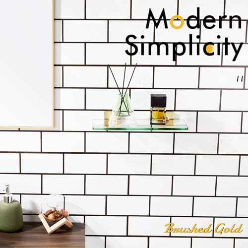 KOKOSIRI Wall Shelves 12-Inch Tempered Glass Shelf Floating Rack for Kitchen Bathroom Shower Storage Decor, 2 Pack Gold Stainless Steel B1107BG-L12-P2 - color: Brushed Gold, size: 12-Inch(2 Pack)