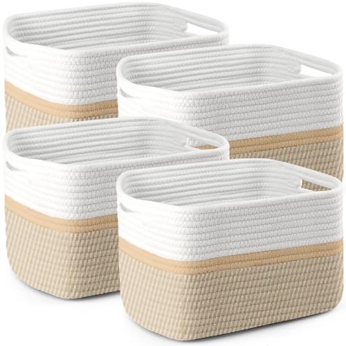 4 Pack Storage Baskets for Organizing, 12''Lx9''Wx8''H Woven Baskets for Storage Toys, Towels, Books, and Clothes, Cotton Rope Basket for Shelves with Handle - color: White & Beige
