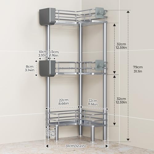 Orimade Rustproof 3 Tier Floor Standing Corner Shower Caddy Organizer with Toothbrush Holder, Large Spacing Floor Shower Shelf Rack Storage Stands with Hooks for Bathroom Kitchen, Silver - color: Sliver, size: 3 Tier