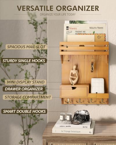Rebee Vision Farmhouse Key Holder Wall Mount with Mini Drawer Organizer – Mail Organizer with 9 Key Hooks – Ideal Home Decor for Entryway, Hallway, and Bedroom (Light Brown) - color: Light Brown, style: Small Drawer