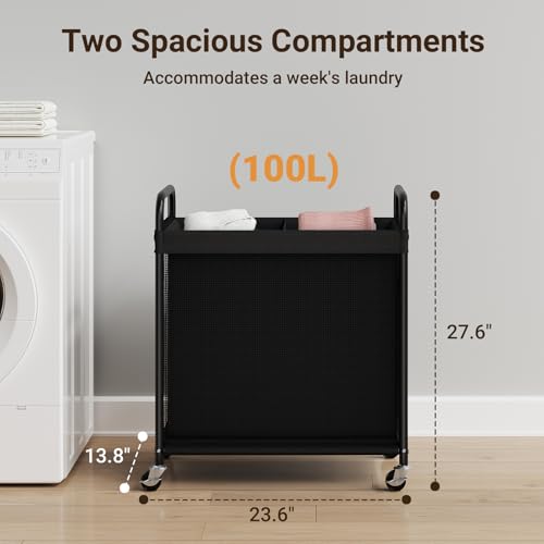 ELYKEN Laundry Hamper 2 Section, 100L Rolling Laundry Sorter with Removable Liner Bag, Laundry Basket with Wheels, Steel Frame with Metal Handle, Clothes Hamper Cart for Laundry Room & Bedroom - color: Black, size: 2-Section