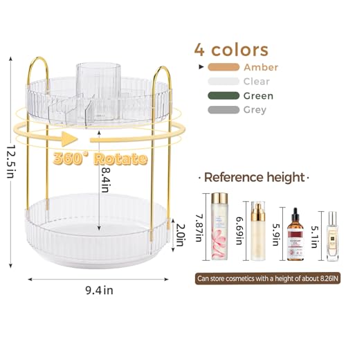 360° Rotating Makeup Organizer, Upgraded 2 Tier Skincare Perfume Organizers for Women, Bathroom Organizer Countertop, Clear Cosmetic Dresser Organizer with Makeup Brush Holder, Sink&Counte (Clear) - color: Clear, size: 2 Tier
