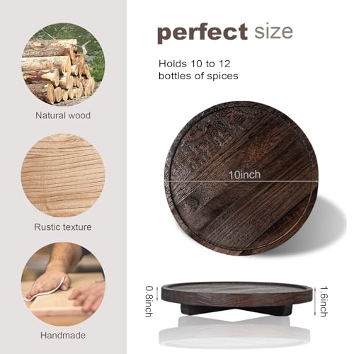Round Decorative Tray Wood Bathroom Counter Organizer Farmhouse Kitchen Decor Wooden Riser for Soap Dish, Perfume, Candle, Sponge, 10" - Dark Brown - color: Dark Brown, size: 10"