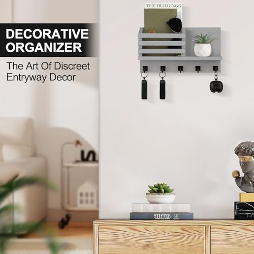 Key Holder Wall Mount, Mail Organizer for Wall with 5 Square Rustic Key Hooks Key Shelf Farmhouse Home Decor for Entryway - color: Gray