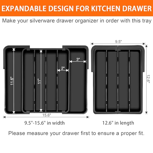 Spaclear Kitchen Silverware Organizer for Drawer - Expandable Silverware Drawer Organizer Adjustable Utensil Drawer Holder, Flatware Cutlery Tray for Spoons Forks Kitchen Organizers Storage,Black, S - color: Black, size: S(9.5-15.2"W x 12.6"D)