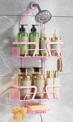 DAOYA Shower Caddy Hanging, Pink Over the Shower Head Caddy with Soap Holder, Bathroom Organizer with Hooks for Razors and Bath Sponges - color: Pink