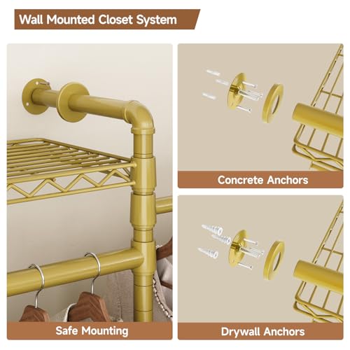 Wall Mounted Garment Rack, Walk-in Closet System with Expandable Rods, Adjustable Shelves, Industrial Pipe Clothing Racks, Hanging Clothes Organizers and Storage, Metal Closet Shelving Wardrobe - color: Gold