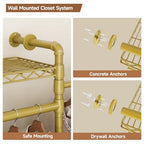 Wall Mounted Garment Rack, Walk-in Closet System with Expandable Rods, Adjustable Shelves, Industrial Pipe Clothing Racks, Hanging Clothes Organizers and Storage, Metal Closet Shelving Wardrobe - color: Gold