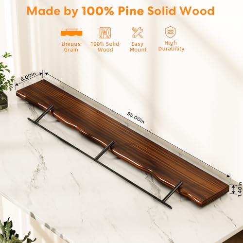 Floating Shelves for Wall Rustic Farmhouse 55 Inch Floating Shelf Bathroom Wooden Shelves for Wall Mounted Live Edge Pine Shelf with Unique Natural Grain for Living Room Bedroom Kitchen (Walnut) - color: Walnut, size: 55 inch - 1pc
