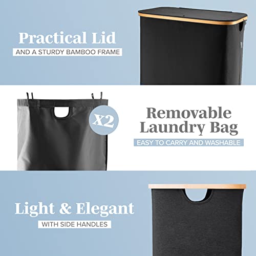 LONBET Laundry Basket with Lid, Made from Breathable Fabric | Aesthetic Clothes Hampers for Laundry with Side Handles & Sturdy Bamboo Frame (40 Gallons - Double, Black) - color: Black, style: 40 Gallons - Double
