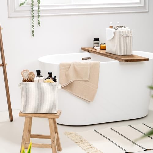 StorageWorks Narrow Storage Bins, Small Basket for Closet and Shelves, Rectangular Fabric Organizer with Handles, Toilet Paper Storage, Khaki and Beige Stripes, 2-Pack - color: Khaki and Beige Stripes, size: 10¾"L x 6 ½"W x 9¼"H