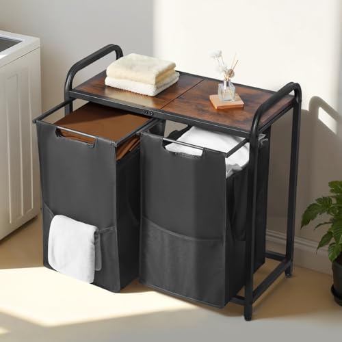 VEVOR 2 Section Laundry Sorter, Large Laundry Hamper with Metal Frame and Wooden Tabletop, Freestanding Storage Organizer Baskets with Pull-Out 600D Oxford Cloth Bags for Dirty Clothes, Bathroom - style: 2 Section