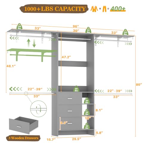 Aheaplus Closet System, Closet Organizer with 3 Wooden Drawers, 8FT Closet Organizer System, 96’’ Walk-in Closet Wardrobe Clothes Rack with Hanging Rods, Garment Rack, Fits 5.3-9 ft, -G6, Grey - color: Grey