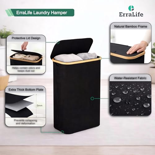 Slim Laundry Hamper with Lid, 60L Narrow Laundry Basket for Small Spaces, Collapsible Clothes Hamper with Bamboo Handles, Removable Inner Bag, Waterproof, Black