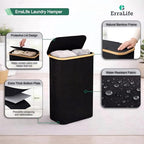 Slim Laundry Hamper with Lid, 60L Narrow Laundry Basket for Small Spaces, Collapsible Clothes Hamper with Bamboo Handles, Removable Inner Bag, Waterproof, Black