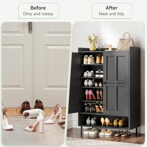 ONBRILL Shoe Cabinet with Cross Molding Doors, 6-Tier Shoe Storage Cabinet with 3 Adjustable Shelves and Metal Legs, 45'' Tall Shoes Rack Organizer Cabinet for Entryway, Front Door, Black - color: Black