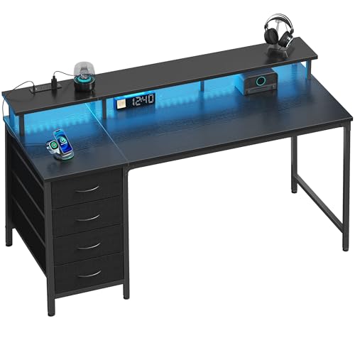 DUMOS Computer Desk with 4 Drawers,4 Drawer Gaming Desk with Power Outlets and LED Lights,Office Desk for Small Spaces with Monitor Shelf,Writing Desk for Home Office, Bedroom,Study 45 Inch Black - color: Black, size: 47-In