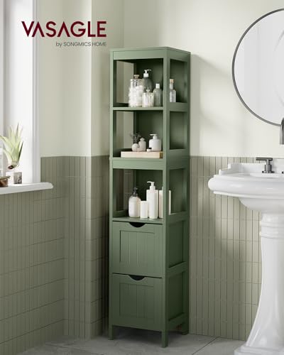 VASAGLE Storage Cabinet, Storage Organizer Rack Stand for Bathroom, Living Room, Multifunctional Corner Unit, 2 Drawers, 55.7 Inches in Height, Forest Green UBBC066C01 - color: Forest Green, size: 55.7"H