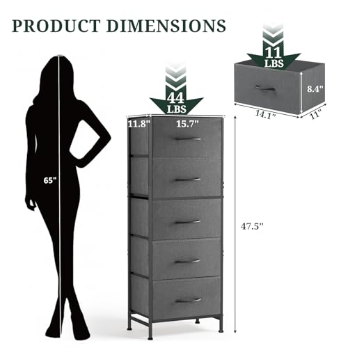 Nightstand, 5 Drawer Dresser End Table Bedside Furniture with Wooden Top Steel Frame Fabric Bins for Bedroom, Closet, Entryway, Dorm, Living Room, Gray - color: Grey, size: 11.8"D x 15.8"W x 47.8"H (5 Drawers)
