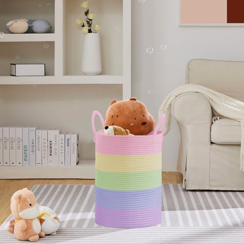 VIPOSCO Large Laundry Hamper, Tall Woven Rope Storage Basket for Blanket, Toys, Dirty Clothes in Living Room, Bathroom, Bedroom - 58L Rainbow - color: Rainbow, size: 58L