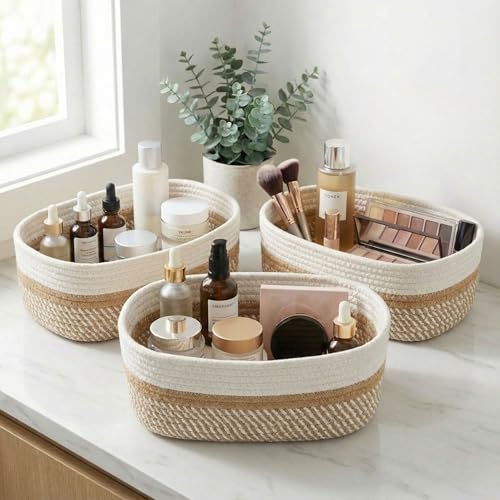 Beautiful Storage Basket Set of 3 - Sturdy Jute Rope Baskets for Shelves Are Perfect for Organizing Your Home - Quality Storage Bins Easily Fit With Any Nursery or Bedroom Decor - color: Beige-Brown