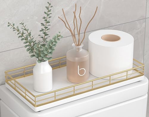 Toilet Paper Basket Organizer – Oak Wood Toilet Tank Tray with Metal Frame, Bathroom Counter Top Storage for Toilet Paper, Wipes & Decor, Modern Narrow Back of Tank Shelf Organizer, Gold & White - color: Gold & White, size: 13" x 6.5" x 2"