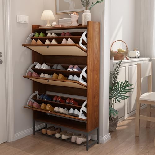 AVZEAR Narrow Shoe Storage Cabinet with 3 Flip Drawers, Freestanding Wooden Closed Shoe Rack, Slim Cabinet Storage for Entryway, Hallway, Living Room (Walnut) - color: Walnut, size: 3 Drawers
