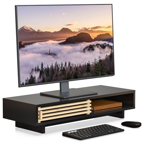 Monitor Stand with Sliding Bamboo Doors, 25 Inch Heavy Duty Wood Computer Monitor Riser, Ergonomic Desk Organizer with Storage & Keyboard Tray, Natural & Black - color: Black + Natural Bamboo, size: 25 Inch