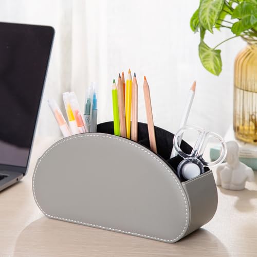 BONNY DODO Remote Control Holders Organizer Box with 5 Compartment PU Leather Multi-functional Office Desk Storage Caddy Store Tv Remote for Media Player,Brush,Pencil,Glassees&Office Supplies (Gray) - color: Gray, size: S