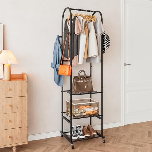 SUOERNUO Clothes Rack With Wheels and 3-Tier Metal Shelves,Clothing Rack For Hanging Clothes With 4 Hooks,Garment Rack Wardrobe Organizer for Small Space,Black (black, 16.54 * 18.23 * 72.05) - color: black