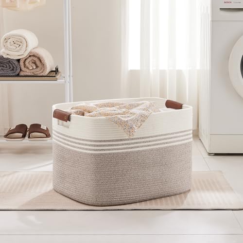 100L Extra Large Laundry Basket with Leather Handles for Living Room Storage, Woven Rope Baskets for Blanket, Kids Toy, Gifts, Wicker Hamper for Bedroom Dirty Clothes, 24"x16"x16" White Brown - color: Brown, size: 100L