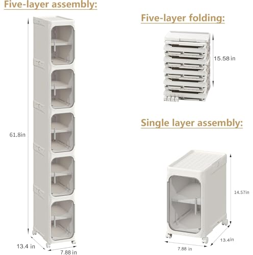 5-Tier Tall Narrow Storage Cabinet, Slim Bathroom Storage Cabinet with Adjustable Shelves and Wheels, Narrow Organizer for Small Space, Bathroom, Kitchen, Laundry, White - color: White, size: 5-Tier