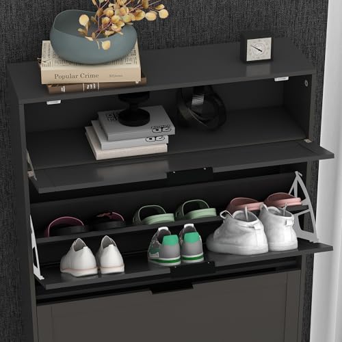 TaoHFE Modern Shoe Cabinet for Entryway - Black Wooden Hidden Shoe Cabinet - Narrow Free Standing 3 Tier Rack - color: Black