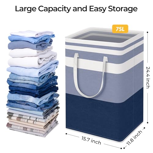 HomeHacks 2-Pack Large Laundry Basket, Waterproof, Freestanding Laundry Hamper, Collapsible Tall Clothes Hamper with Extended Handles for Clothes Toys in the Dorm and Family (Blue, 75L) - color: Blue, size: 75L