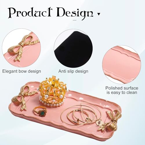 Vintage Decorative Tray Jewelry Tray Towel Tray Storage Tray Rings Necklace Bracelets Earrings Trays Cosmetics Jewelry Organizer Retro Design Bow Decor Resin Plate Coquette Room Decor (Pink) - color: Pink